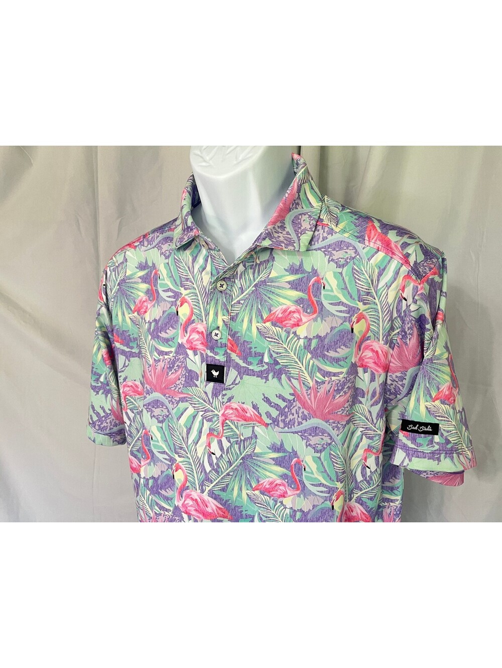 Bad Birdie Men's Purple Pink Green Flamingos Golf Polo Shirt Large L